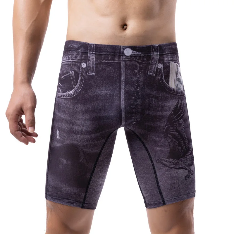 Mens Boxerกางเกงขาสั้นพิมพ์Jeanชุดชั้นในกางเกงชายMan Breathable Ice Silk Uนูนกระเป๋ากางเกงCueca Calzoncillo L-4XL