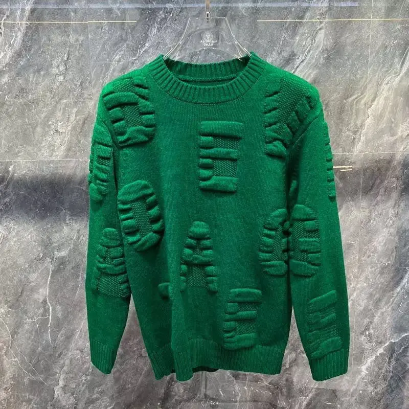 Men's Hook Flower Hollow Autumn Winter Round Neck Distressed Solid Color Pullover Lantern Long Sleeve Sweater Knitted Tops