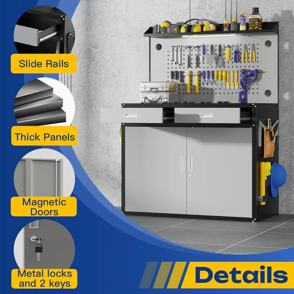 منضدة عمل شديدة التحمل بسعة 2000 رطل مع أدراج وتخزين وإضاءة ولوح بيجب لاستخدام الورشة الصناعية #6