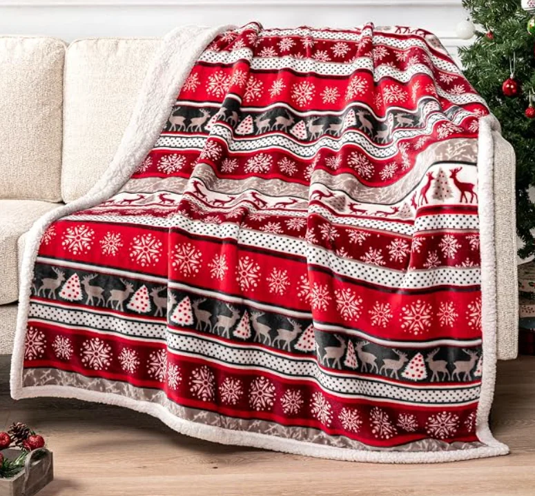 Premium Christmas Sherpa Throw Blanket  Christmas Decoration Reindeers Warm, Cozy Reversible Microfiber Holiday Blanket