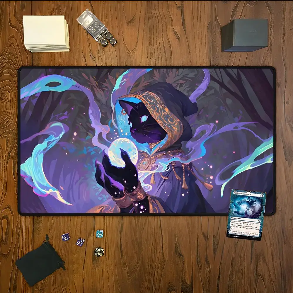 Tapete de juego con diseño de gato mágico, tapete de juego para MTG CCG RPG, cartas coleccionables, alfombrillas de juego con superficie de goma suave, juego de batalla