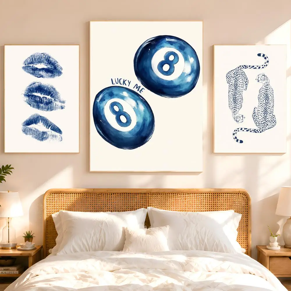 Blue Spotted Kiss Mark Lucky 8 Ball Poster Home Living Bed Room Bar Hallway Sticky Wall Art Printing Aesthetic Decor