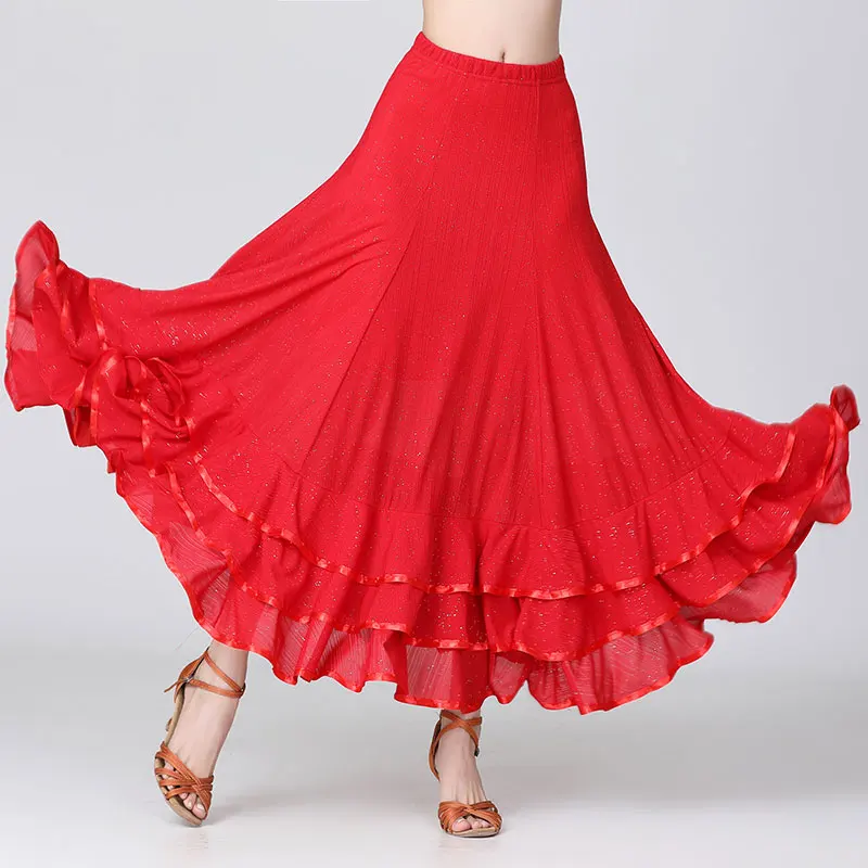 Sequin Women Modern Dance Skirt Long Ruffle Standard Big Swing Dance Costume Spanish Flamenco Ballroom Skirt Waltz