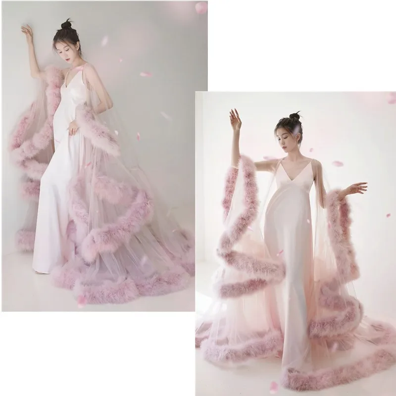 Maternity Photography Dress Pregnancy Loose Fur Tulle Long Robe Full Sleeves Pregnant Party Dress Elegant Wedding Morning Gown