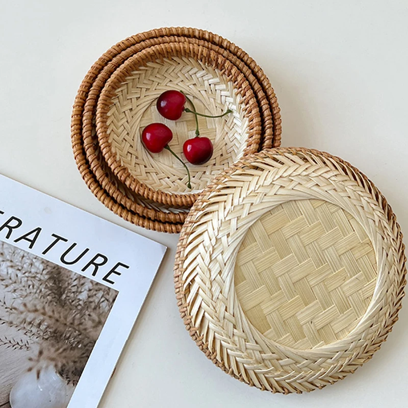 1pc European Style Simple Handmade Circular Storage Basket Made Of Bamboo And Rattan Bamboo Woven Fruit Chinese Pastry Plate