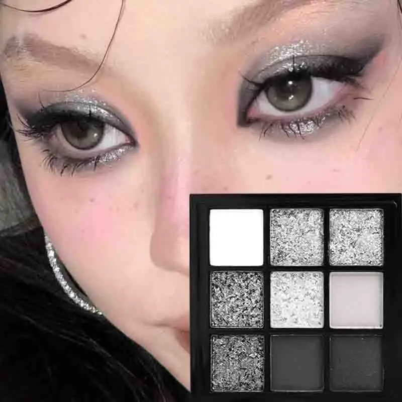 9 Colors Punk Smokey Matte Glitter Eyeshadow Palette Shimmer Eye Shadow Makeup Palette Cool Toned Gray Black Eye Pigment Palett