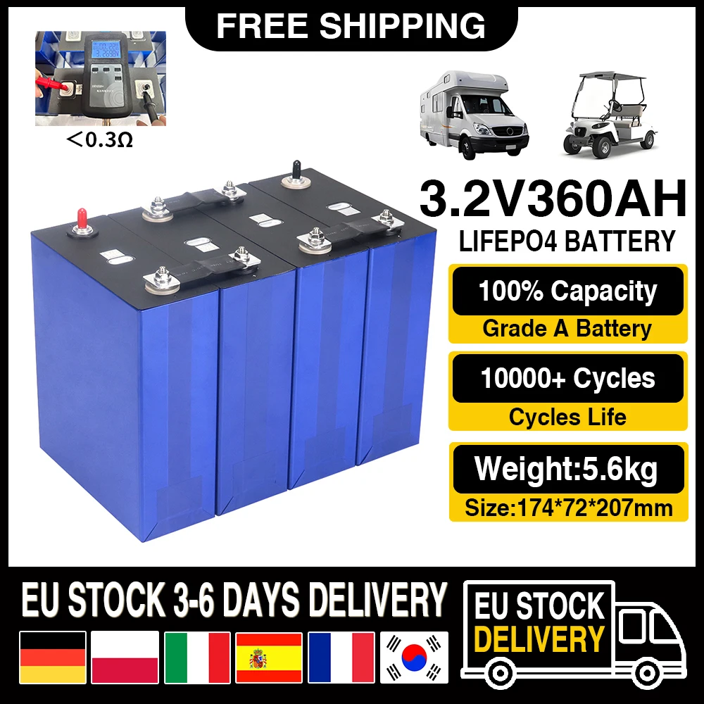 Image of EU-Lager 3,2V 360AH Lifepo4-Batterie Wiederaufladbare Lithium-Eisenphosphat-Batterien DIY 12V 24V 36V 48V für EV-Golfcart mit Stromschienen