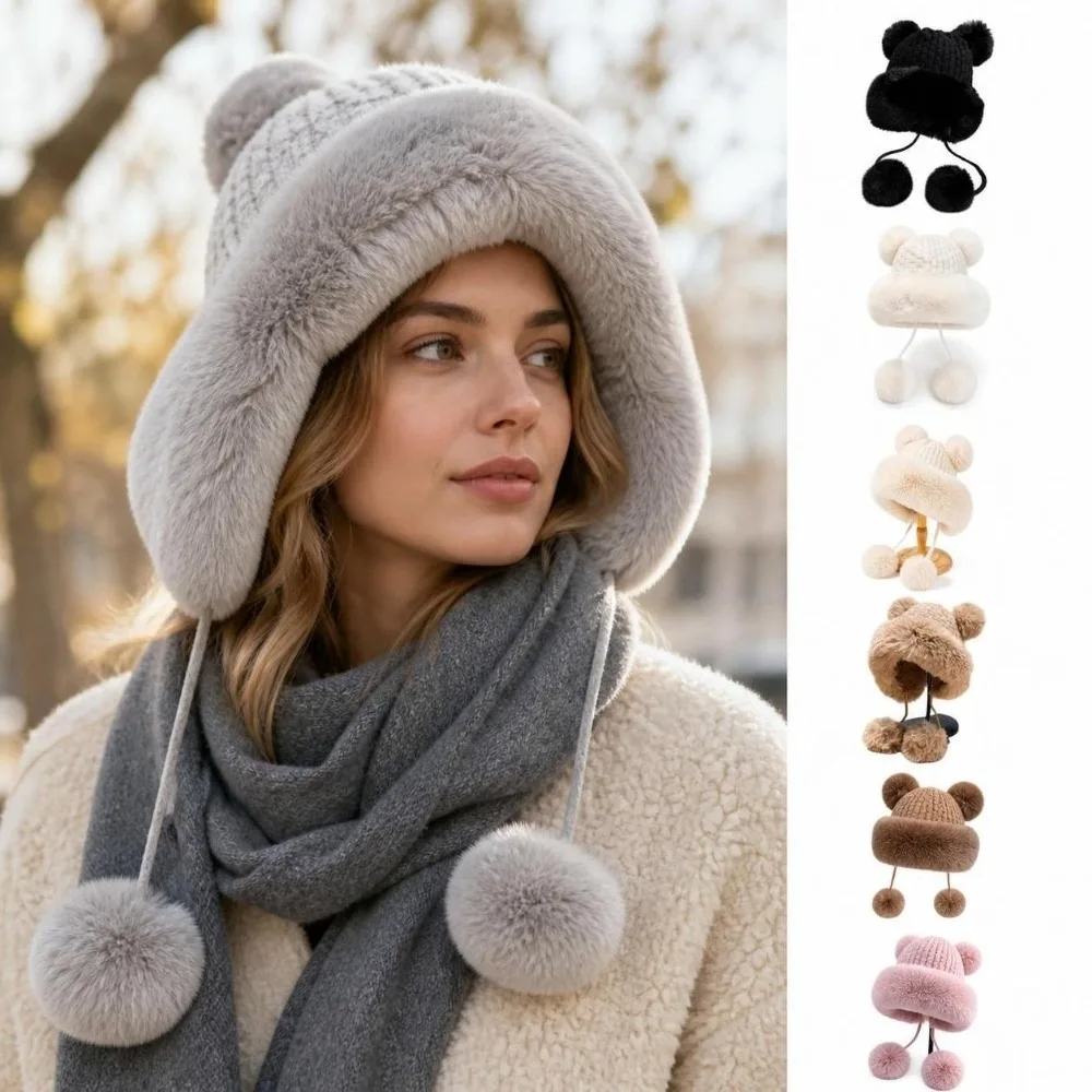 Warm Lined Bear Ear Knit Hat Thermal Insulation Fluffy Earflap Hat Windproof 4 Pom Poms Trapper Hat Cold Weather