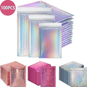 100pcs shipping packaging holographic laser bubble mailer packaging bags supplies delivery package envelope bags envelopes package
