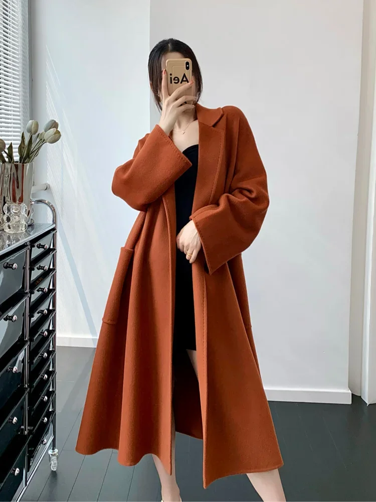 Pumpkin Color Labbro Double-Sided Pure Cashmere Water Ripple Coat High-End Mid-Length Woolen Jacket Women Opulence In Style