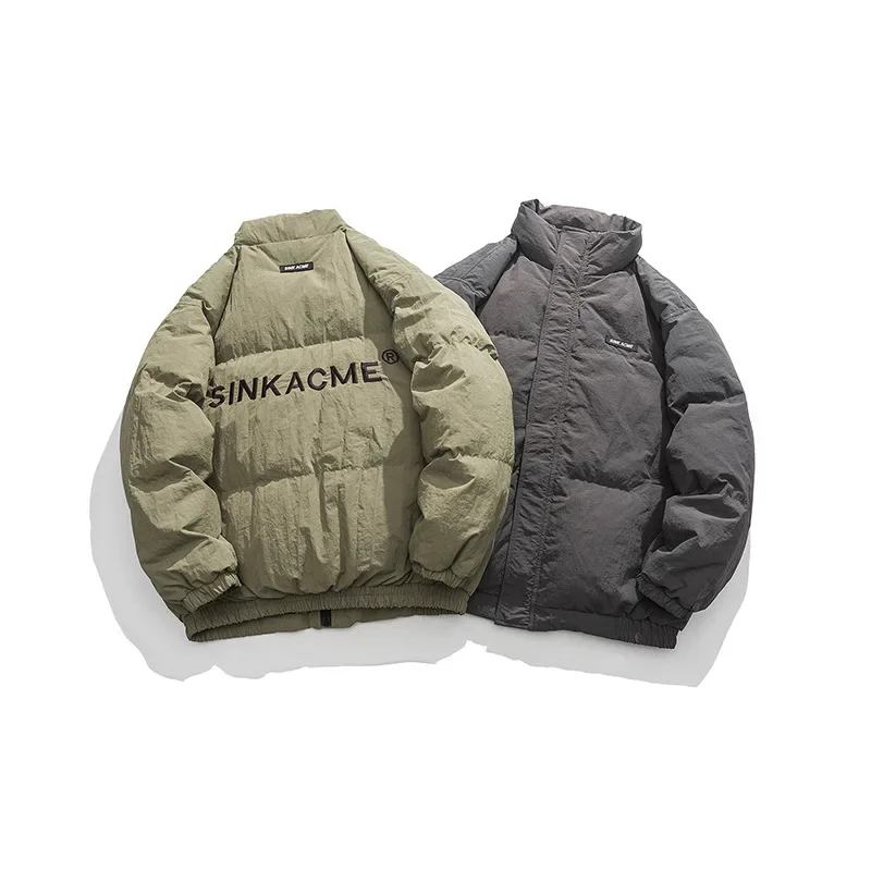 Chaqueta de plumón con cuello bordado de letras de Hip Hop para hombre, parka gruesa y cálida, ropa de calle informal suelta, Parkas de algodón para