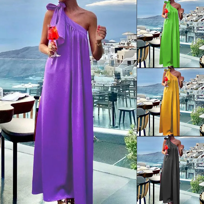 

New 0 2024 Spring And Autumn New Women's Fashion Style Solid Color Sleeveless Oblique Neck Lace Up Long Dress