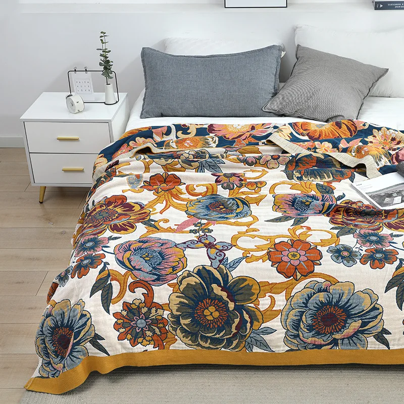 Zomer Bloemenprint Handdoek Deken Katoenen Sofa Sprei 200*230 Dubbelzijdig Garen Geverfd Jacquard Voor Thuisreizen Picknick