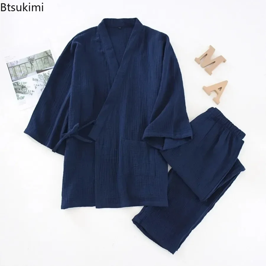 2024 Heren Katoenen Pyjama Losse Badjassen V-Hals Kimono Nachtkleding Driekwart Mouw Vetertops Broek Homewear Sets Voor Heren