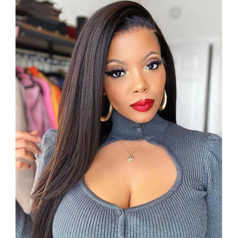 

Glueless Kinky Straight Lace Front Human Hair Wigs Natural Color Transparent 220 Density 5×5 Lace Frontal Wig Ready to Wear 1B