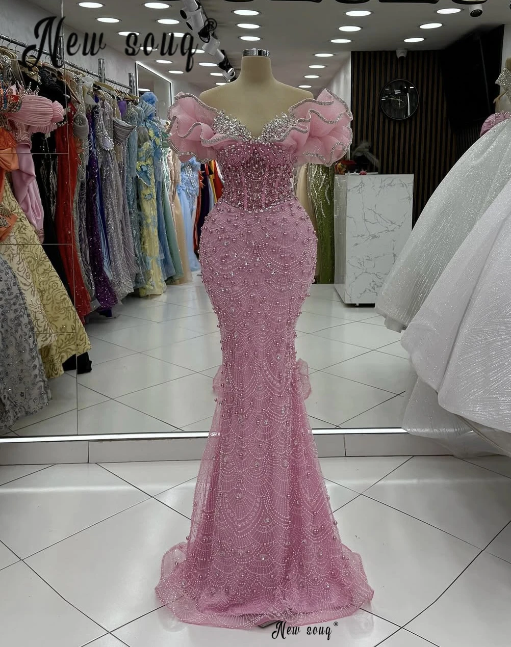 Midi Long Pink Pearls Dress For Wedding Party Customized Ruffles Off Shoulder Prom Dresses Arabic Beaded Wedding Events Gowns