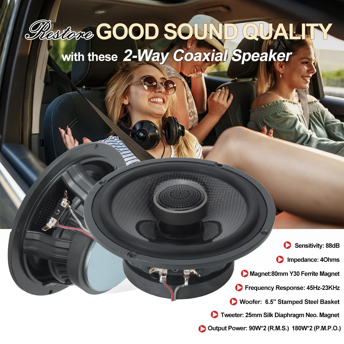 Nominal Power 90W *2 6.5inch 2-Way Coaxial Car Audio Speakers Full Range Round Speakers 90mm-Ferrite magnet Bass Response