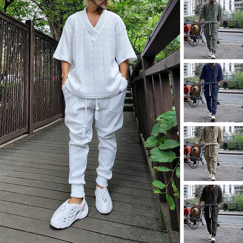 Summer New Casual Sweater Set Men's Summer Loose Short-sleeved T-shirt Trousers Men's Wool Suit Men's