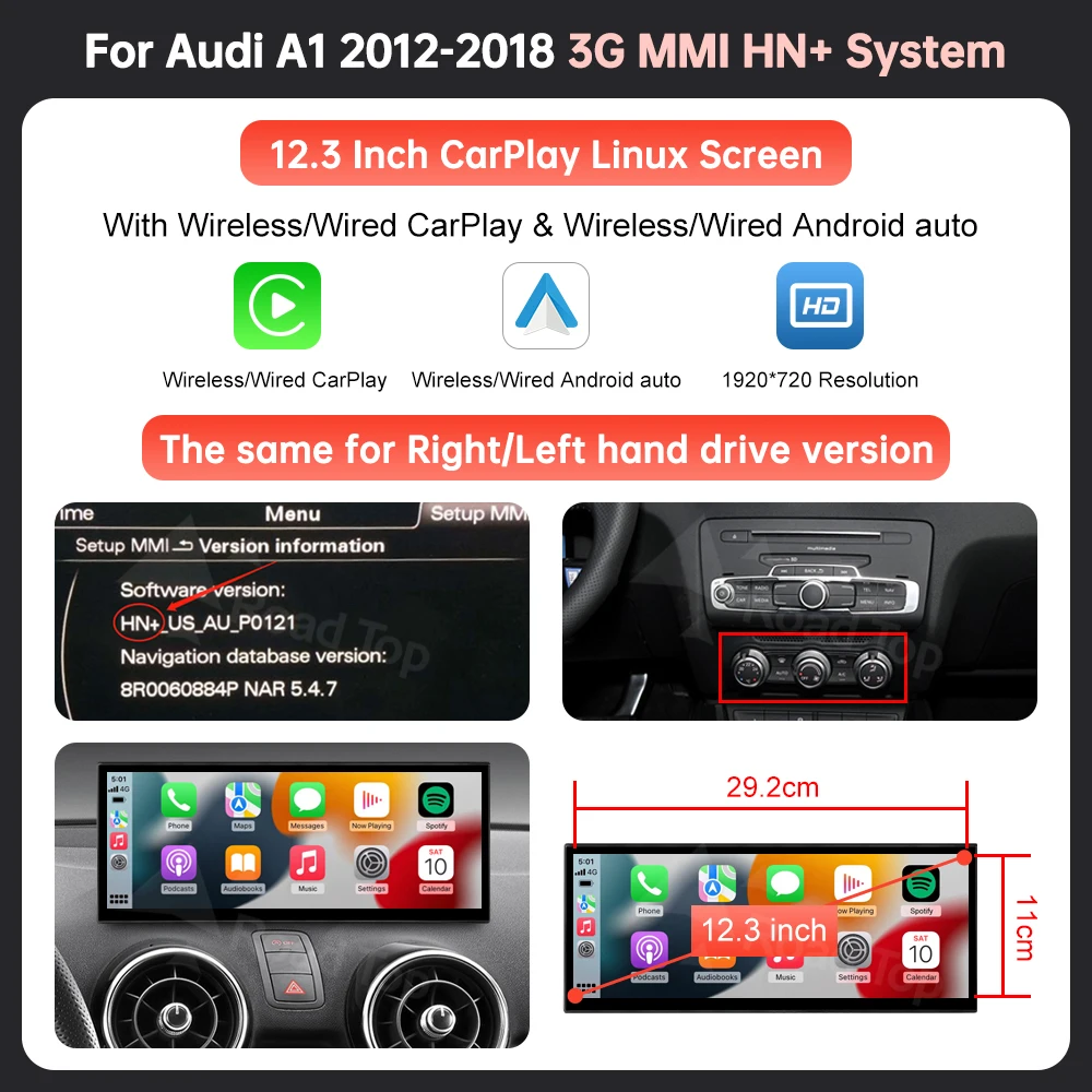 RoadTop Auto Multimedia Display Voor Audi A1 2012-2018 12.3 ''Linux Scherm Met Draadloze Carplay Android Auto Mirrorlink Functies