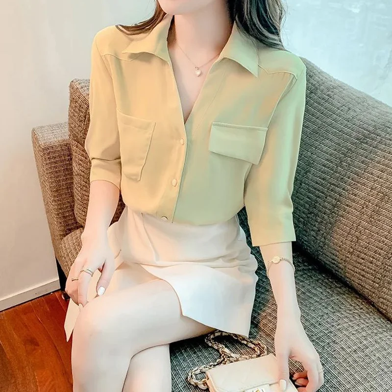 White Shirt Tops Women\'s Summer Short Sleeve Chiffon New All-match Polo Neck Solid Color Korean Blouse Fashion Sweet Clothing