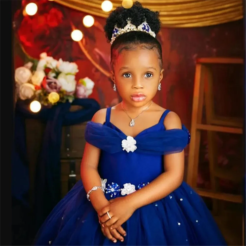 Princess Royal Blue Flower Girl Dresses For Wedding Beaded Tulle Toddler Girls Pageant Dress Kids Formal Wear