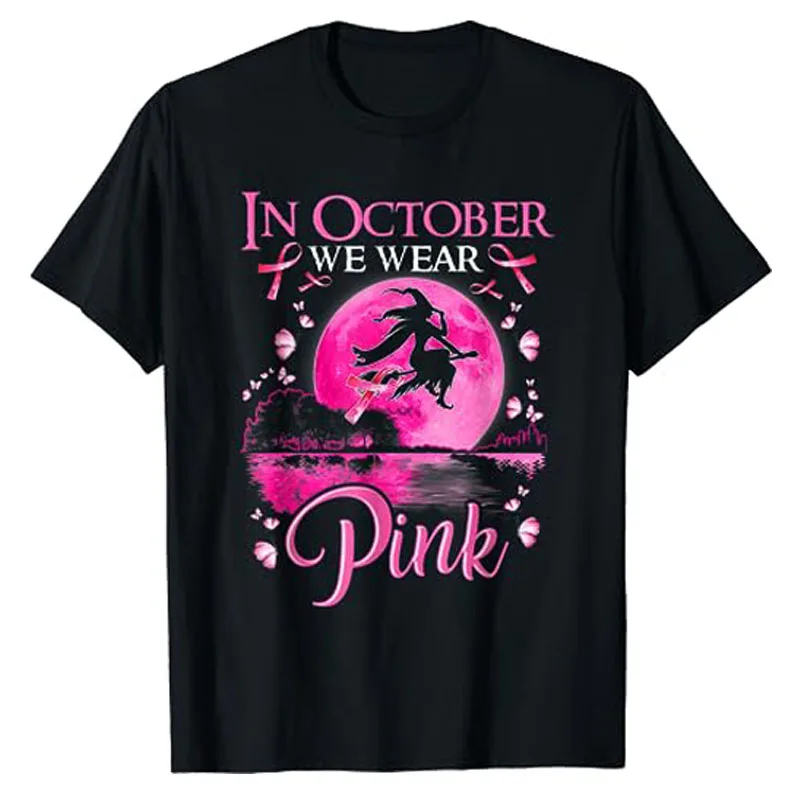 

In October We Wear Pink Ribbon Witch Halloween Breast Cancer T-Shirt Gifts Women's Fashion Breast Cancer Warrior Support Tee Top