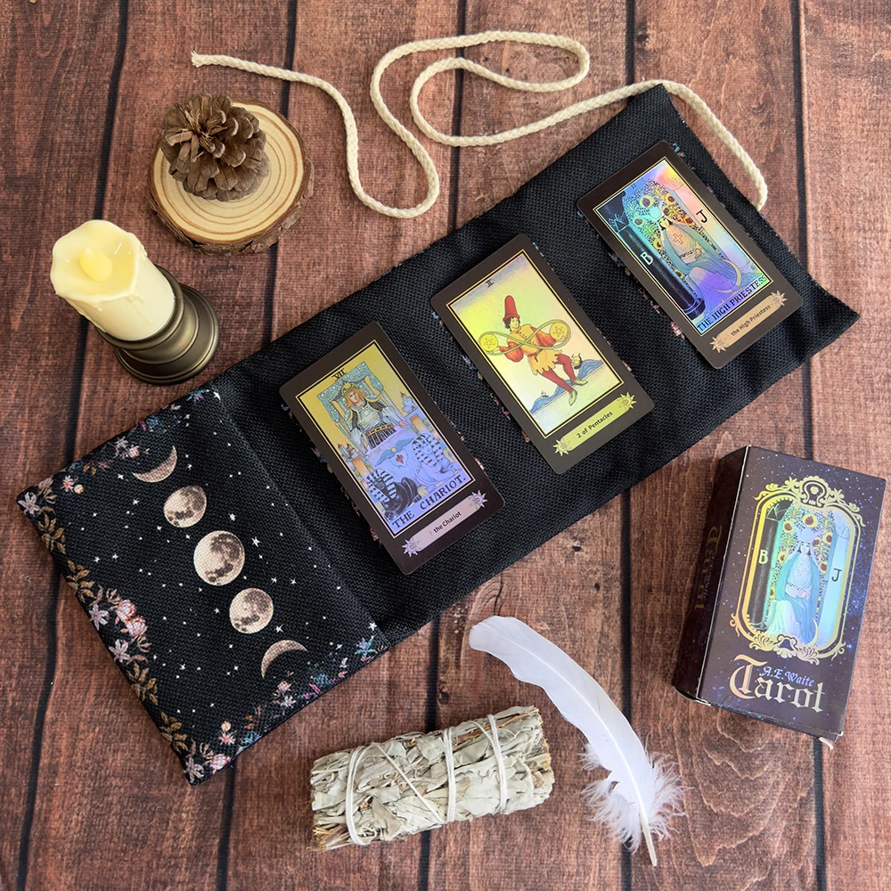 Bolsa de almacenamiento de tarjetas de Tarot de fase Lunar, bolsa de almacenamiento de Luna Celestial Floral, mantel para adivinación de estrellas y cartas de Tarot, bolsa envolvente