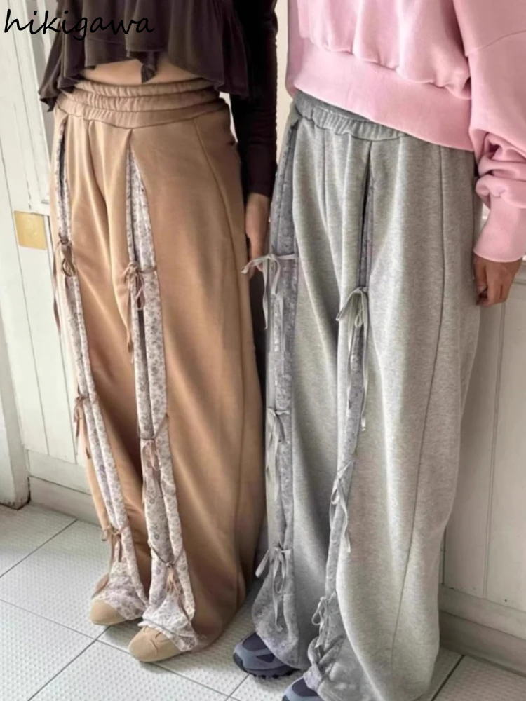 Korean Sweatpants for Women Y2k Wide Leg Pants Pantalon Femme Patchwork Chiffon Joggers Straight Bandage Casual Fashion Trousers