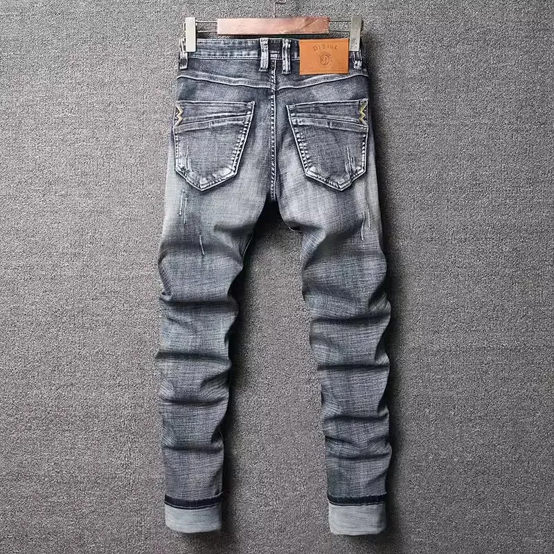 Fashion Designer Men Jeans High Quality Retro Blue Gray Stretch Slim Fit Ripped Jeans Men Embroidery Vintage Denim Pants Hombre