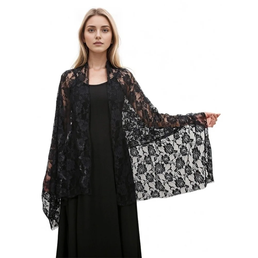 

Versatile Elegant Lace Scarf Rose Pattern Sunscreen Hijab Veil Breathable Solid Color Hijab Shawls Women Wear