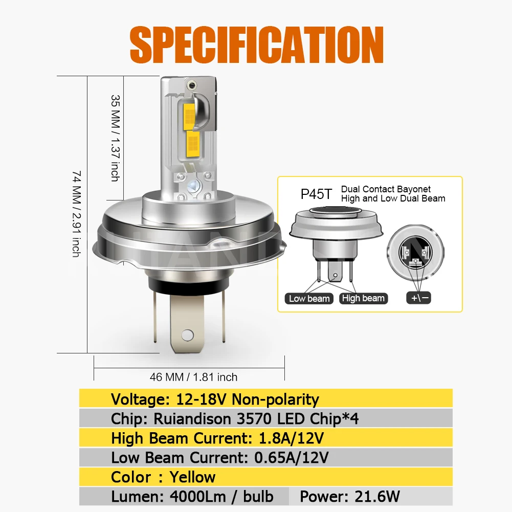 P45T 22W LED Headlight Bulb R2 DC 12-18V Super Bright White Yellow High Low Beam LED Bulb for Motorcycle Accessories 1Pcs
