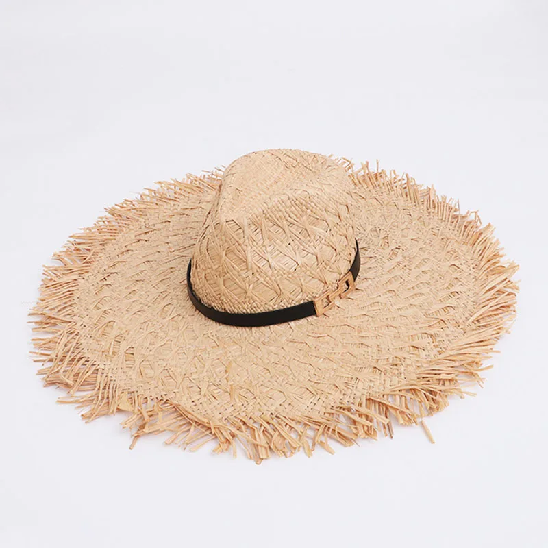 Women Wide Brim Straw Hat Fringed Floppy Big Brim Panama Hat Leather Band Beach Sun Hat UPF 50+ Summer Hat Stage Show Travel Hat