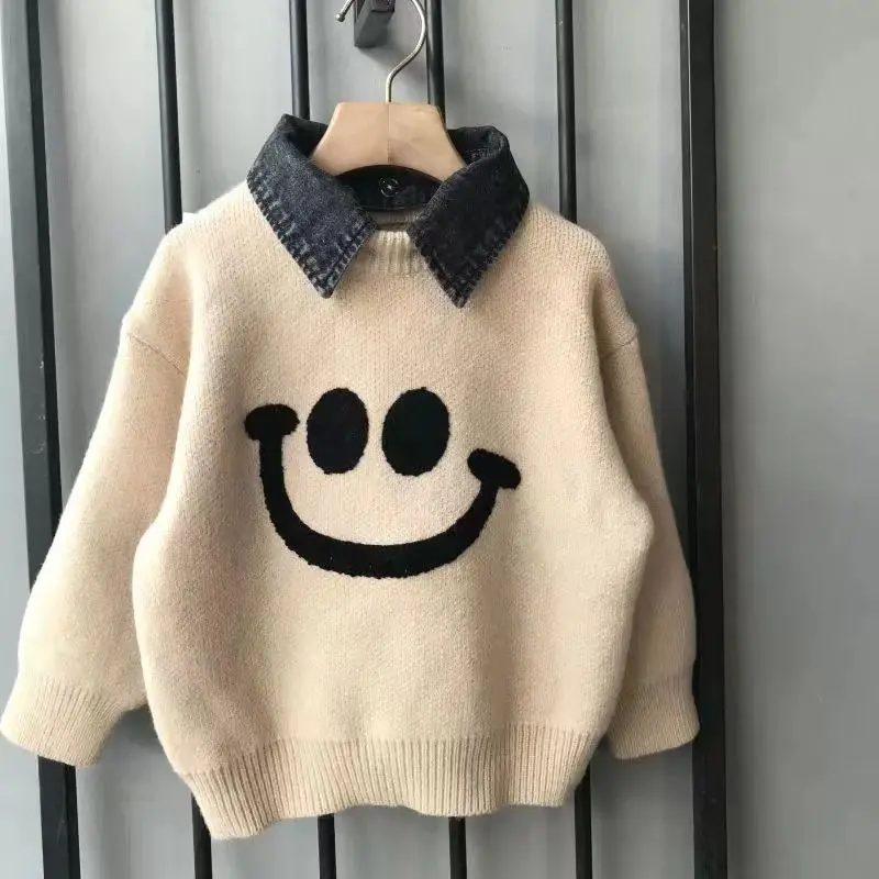 

Kids' Two-in-One Collared Sweater 2025 Autumn Winter New Big Kids Thick Knit Streetwear Style Trendy Cozy Top