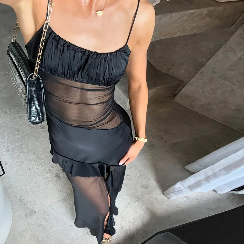 Elegante abito lungo patchwork in rete trasparente per le donne Abito sexy con cinturino per spaghetti senza schienale per le vacanze Abito da spiaggia con volant Abito casual 2025