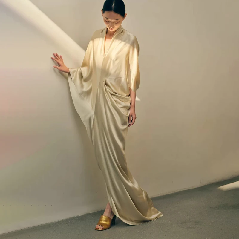 

Ele V-Ne Asymmetrical Pleated Draped Dr Cort Sle Luxury Sensation Simple Design Long Sve Loose Fit Ci Commute