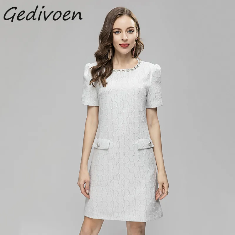 

Gedivoen Summer Fashion Runway Vintage Temperament Dress Women's O-Neck Nail Bead Pocket Loose Waist Letter Jacquard Mini Dress