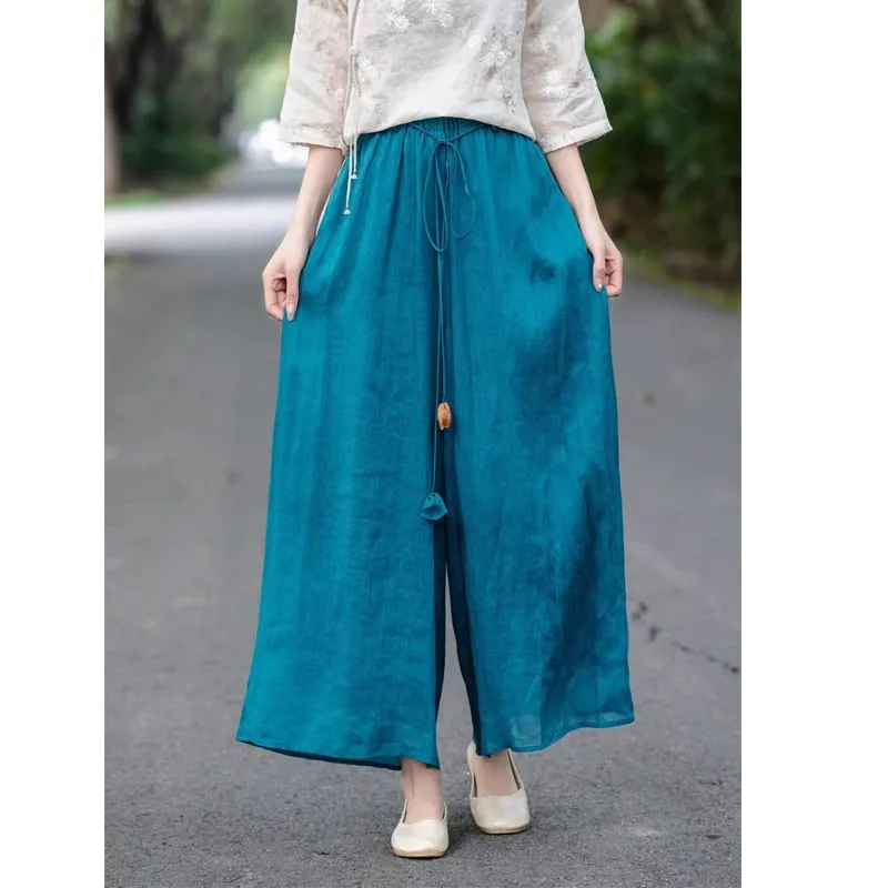 Loose Wide Leg Pants Women's Summer Pure Color Zen Elastic Waist Double Layer Nine Points Drifting Skirt Pants Artistic Natio...