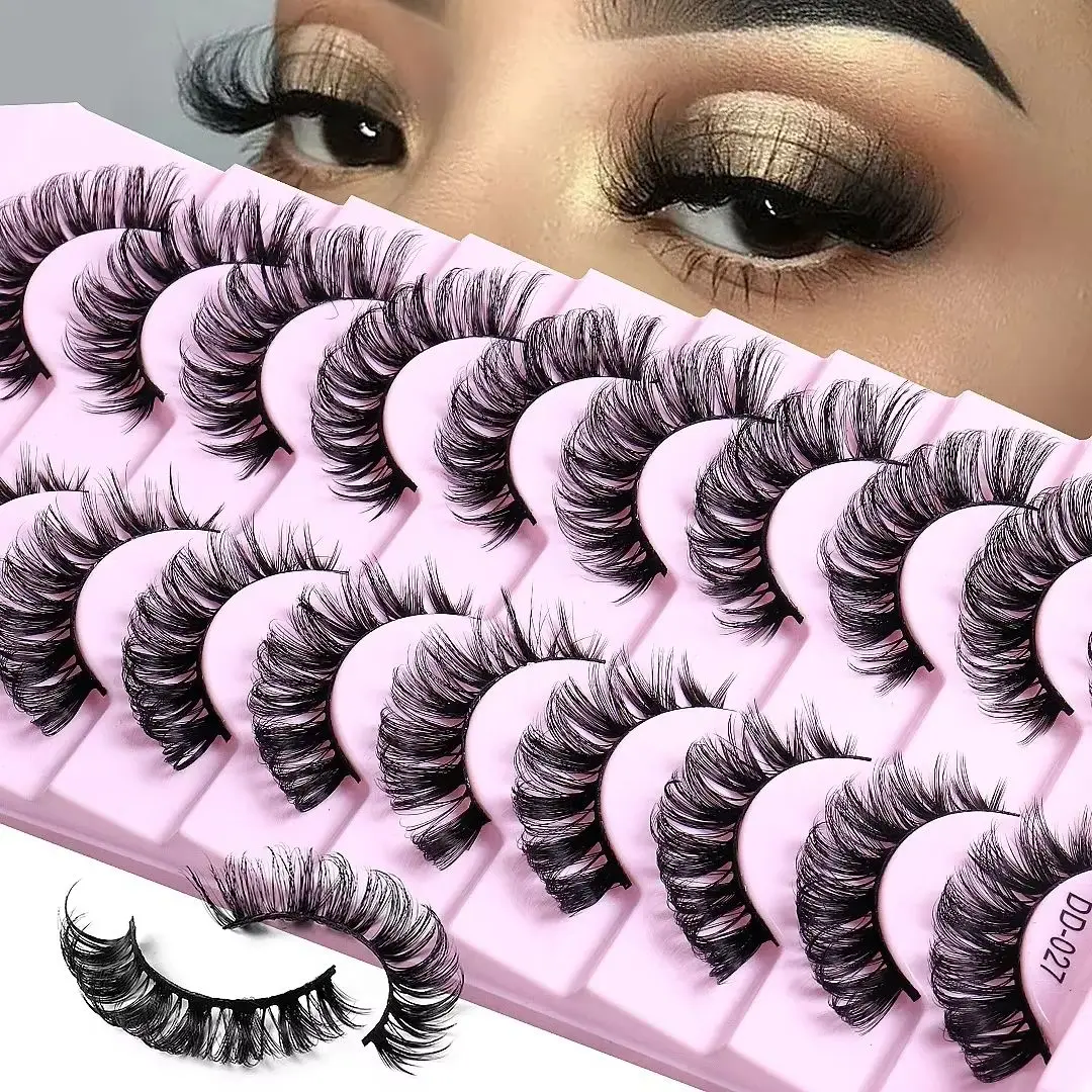 10Pairs 3D Faux Mink DD Curl Russian Lashes 8-23mm Fluffy Reusable Strip Eyelashes for Eyelash Extensions