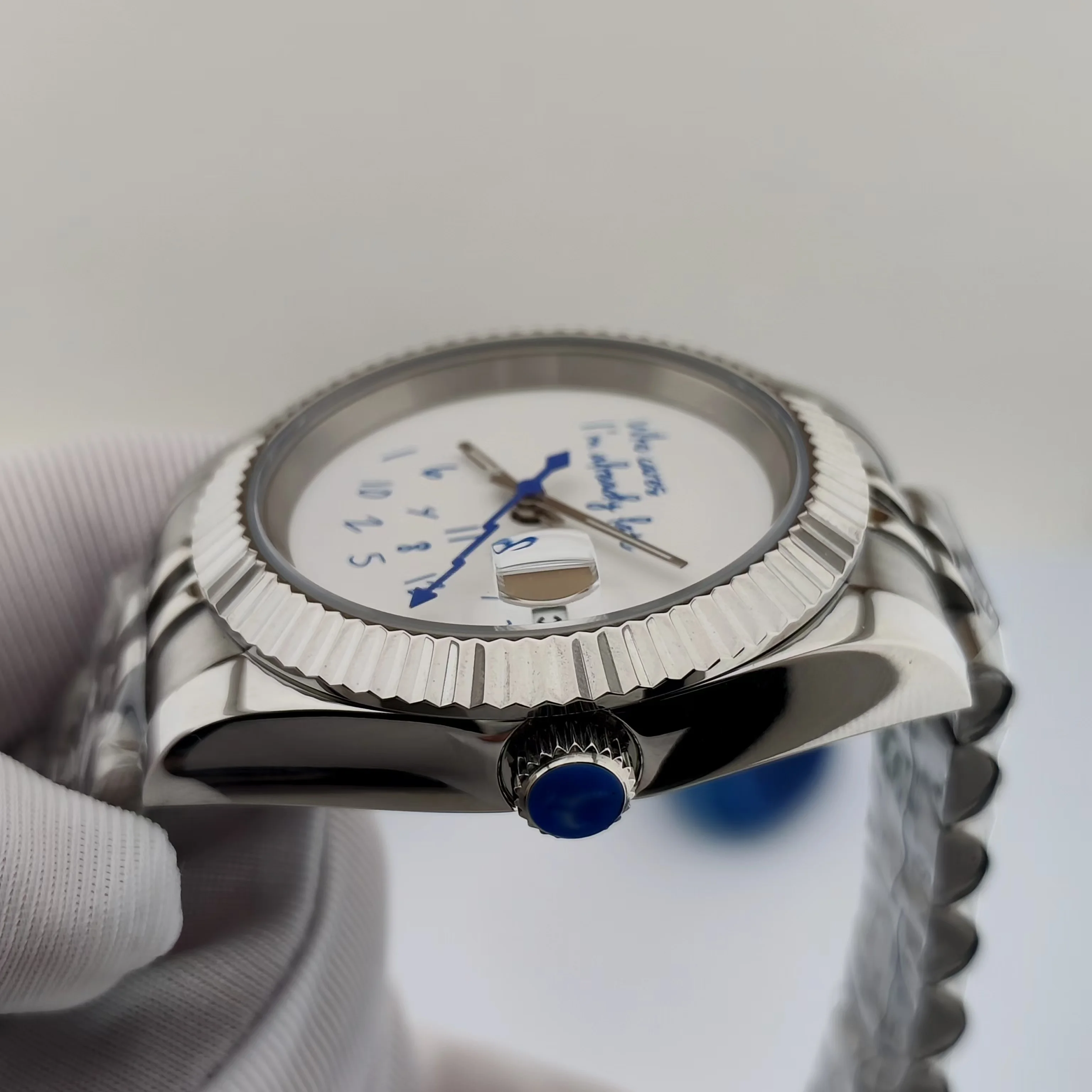 NH35 ساعة من يهتم أنا متأخر بالفعل ساعة 36 مللي متر/39 مللي متر بدون شعار نص أزرق ماتي الهاتفي الياقوت والكريستال والزجاج الحركة التلقائية #5