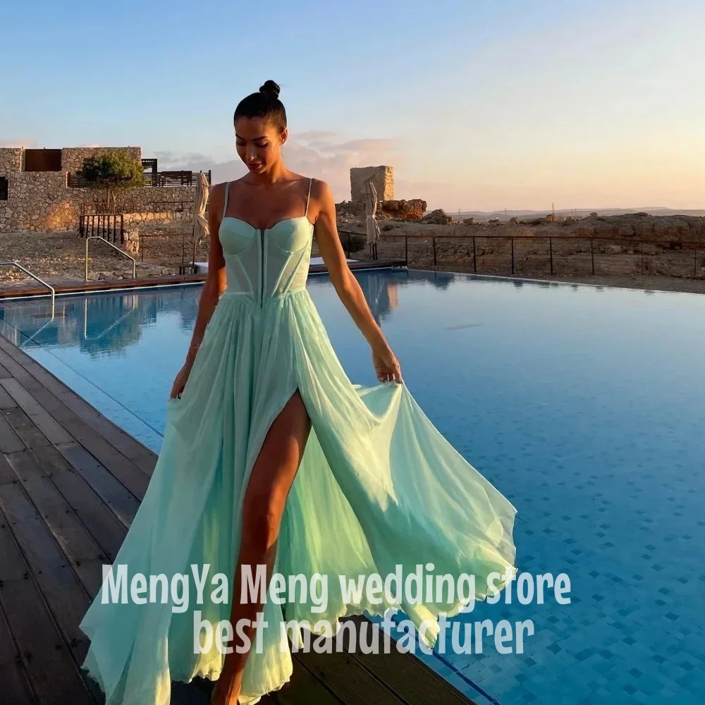 

ZHUISHU Customize Green Spaghetti Strap robes de soirée Side Slit Chiffon A-line Prom Dress Floor-Length Backless Wedding Dress