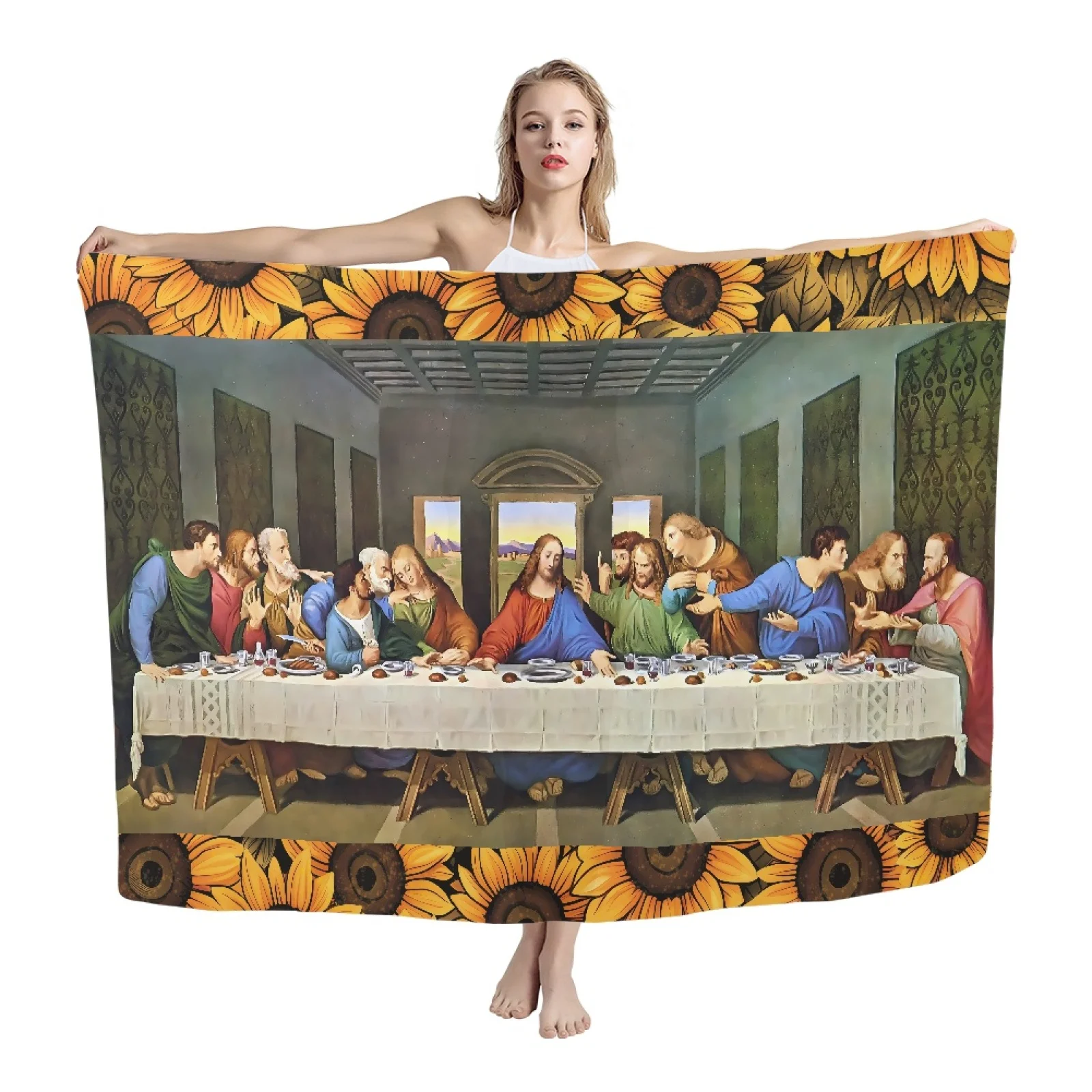 Print Jesus Having Dinner With 12 Disciples The Last Supper Design Sunflower Sheer Gauze Transparent Beach Scarf Women Wear