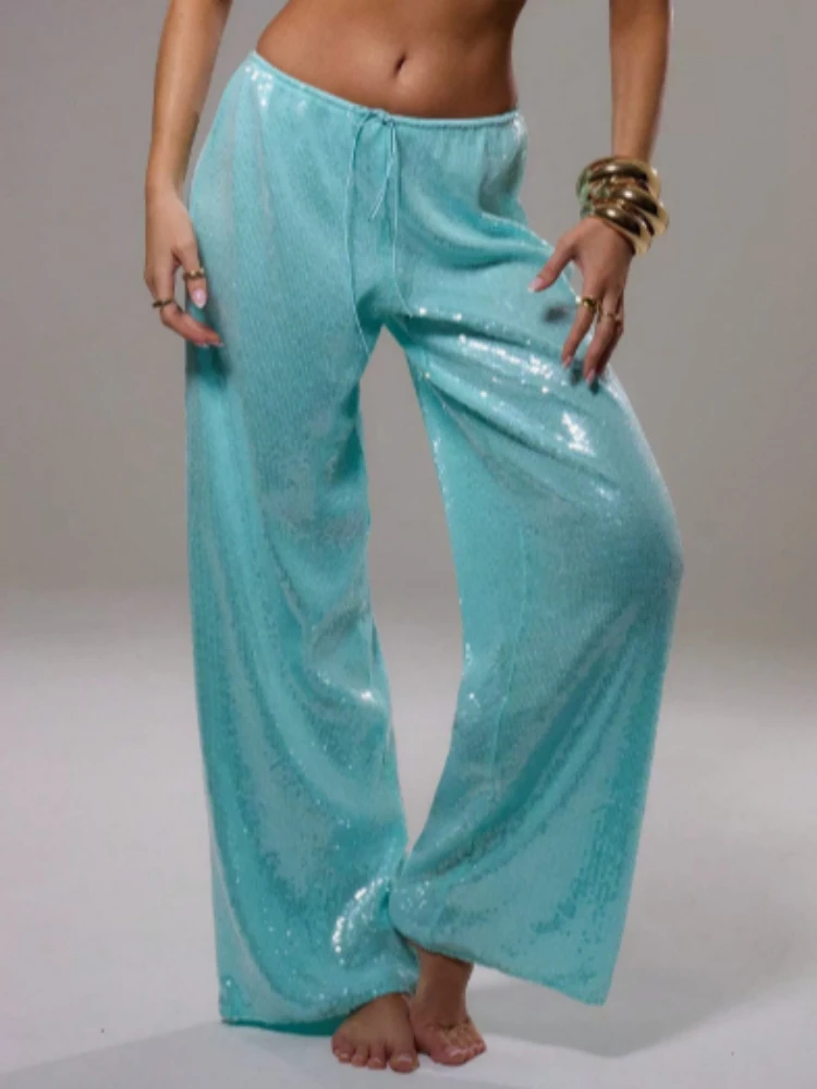 Women Clothes Glitter Elastic Waist Wide Leg Loose Pants Lightweight Trousers Club Street Wear Fashion Sparkle Sequin Pants