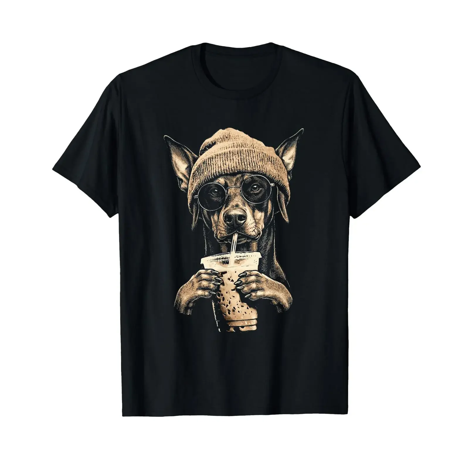 Doberman Pinscher Beanie and Iced Coffee T Shirt vintage Washed Stretched streetwear Breathable graphic designer clothes Casual