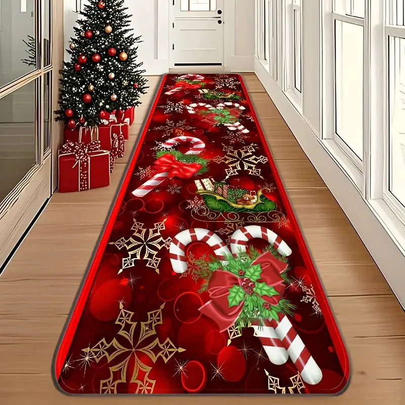 VIKAMA Christmas Runner Rug Candy Cane Sleigh Holly Golden Snowflake Print Non Slip Long Mat For Hallway Corridor Xmas Decor