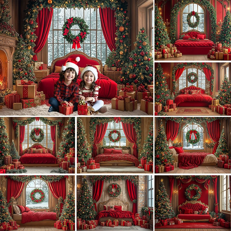 

LS Photography Background Christmas Tree Room Red Sofa Window Decoration Backdrop Family XMAS Holiday Party Prom Studio