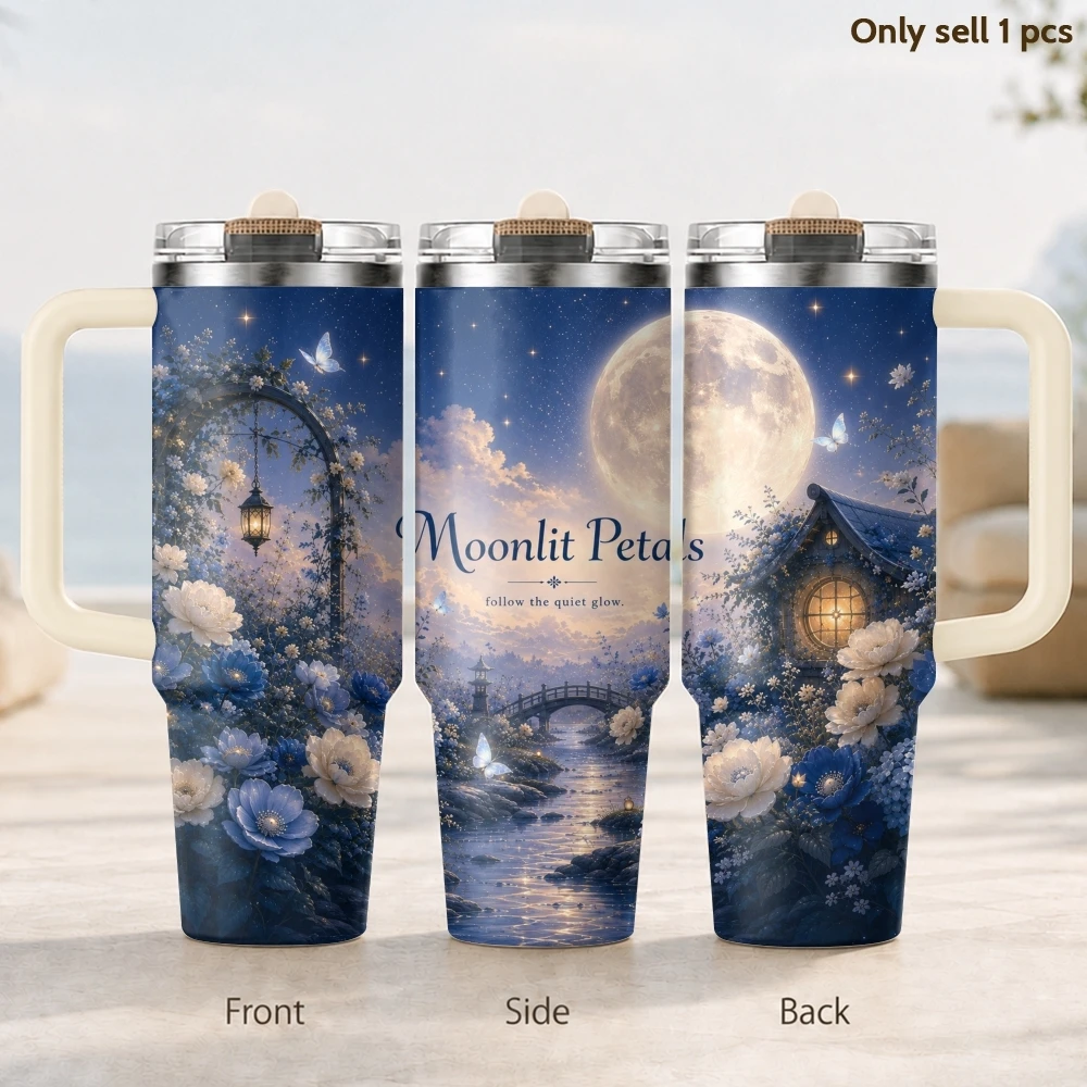 Midnight Moon Garden Vacuum Flasks 40oz 3rd Gen Vacuum Insulated Stainless Steel Tumbler Cup With Handle Straw Lid For Gifts