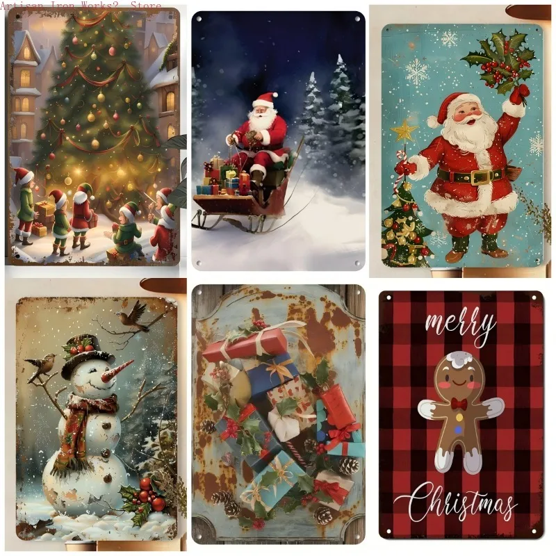Vintage-Weihnachtsmann-Metallblechschilder, 6 Stück, Retro-Wandkunst-Plaketten aus Eisen mit Weihnachtszitaten, rustikale Dekoration für Zuhause, Party