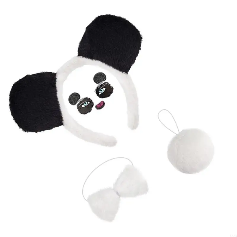 Y88A 팬더 의상 세트 귀 머리띠 테일 보우 티 동물 의상 키트 액세서리 어린이 할로윈 코스프레 파티 소품