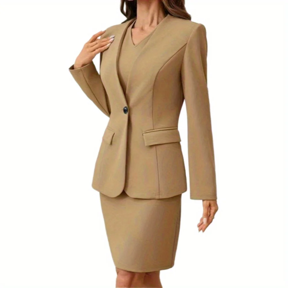Vrouwen Elegant Office Lady V-hals Jurk Past Pure Kleur Mouwloze Kokerjurk Professionele Casual Pak Set Lente Herfst