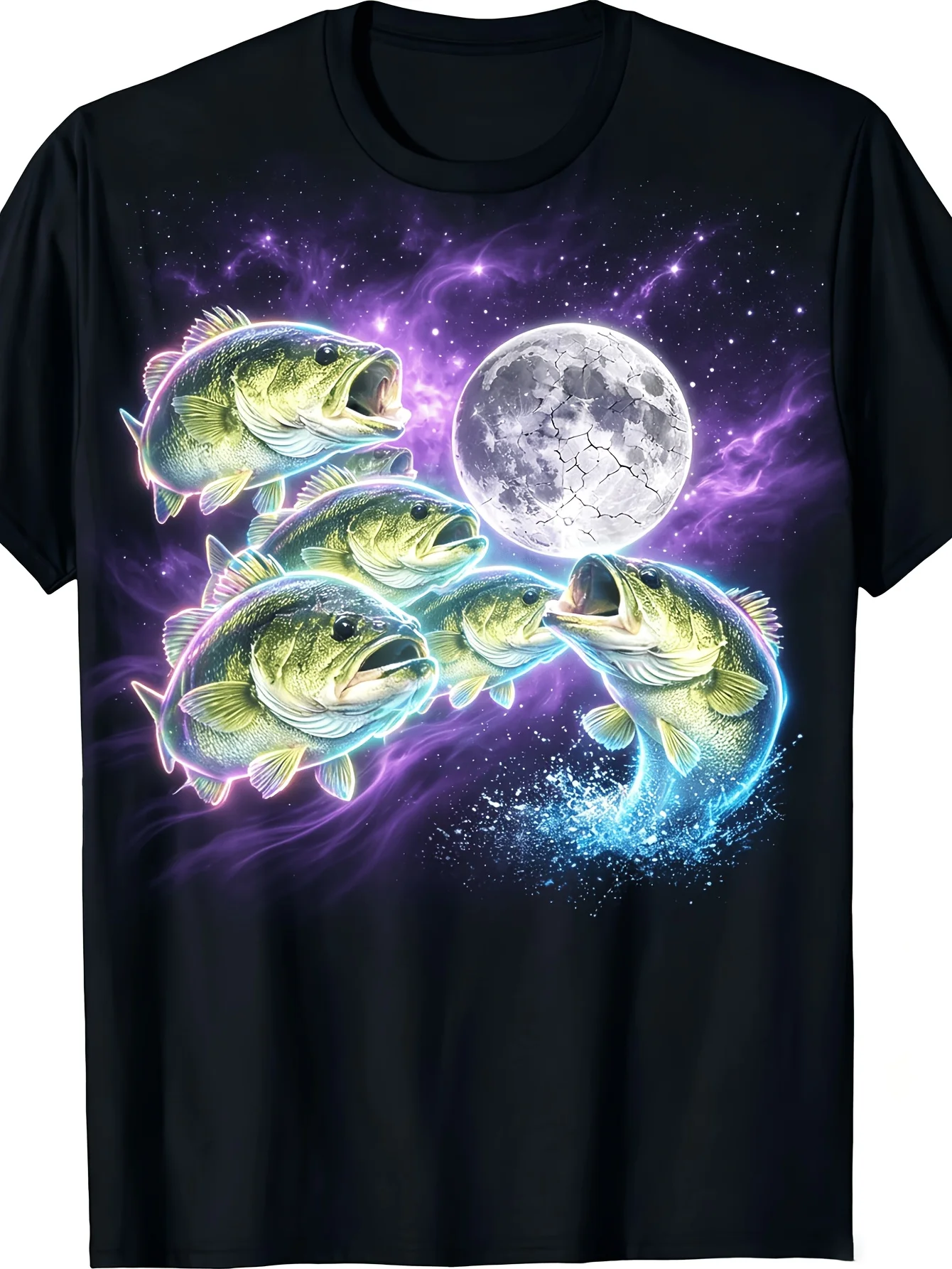 Bass Fish Howling to The Moon Vintage Men's T-Shirt, Digital Heat Transfer Printing Process, Retro Fishing Graphic Round Neck Casual Tee, Machine Washable for Fishing Trips & Outdoor Activities, Festival Party Birthday Gift